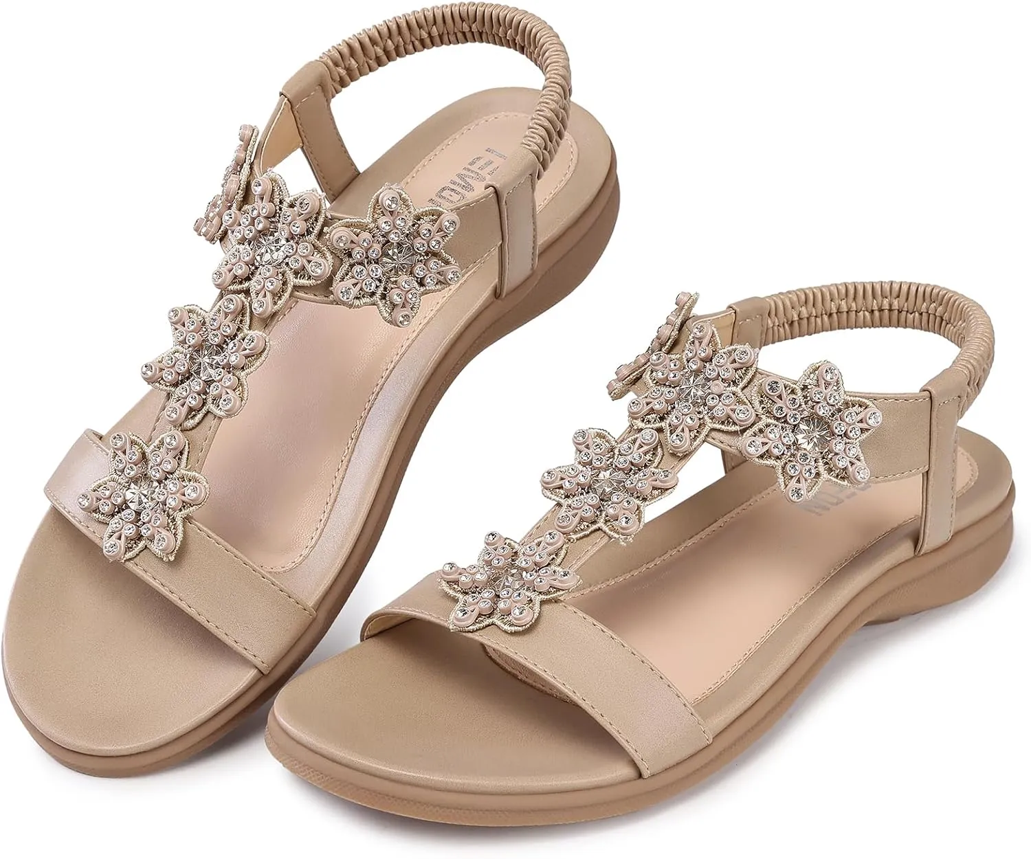 TEMOFON Flats Sandals for Women Dressy: Summer Elastic Ankle Strap Flat Sandals - Comfortable Beach Women