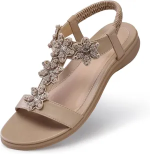 TEMOFON Flats Sandals for Women Dressy: Summer Elastic Ankle Strap Flat Sandals - Comfortable Beach Women