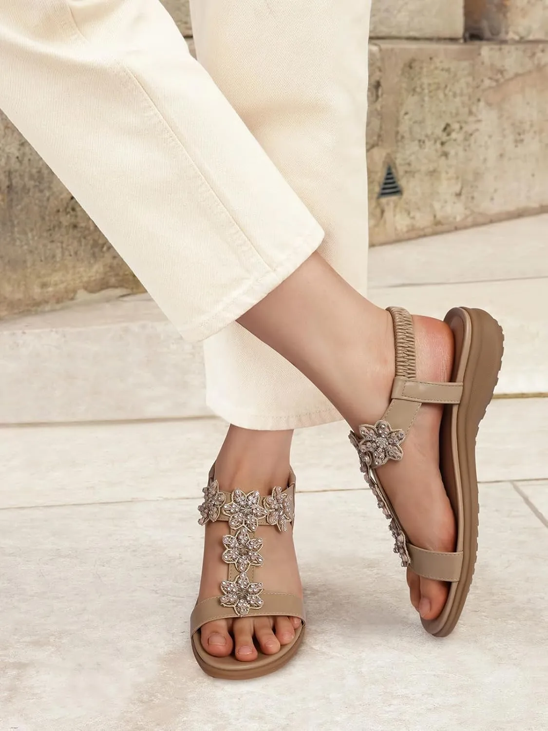TEMOFON Flats Sandals for Women Dressy: Summer Elastic Ankle Strap Flat Sandals - Comfortable Beach Women