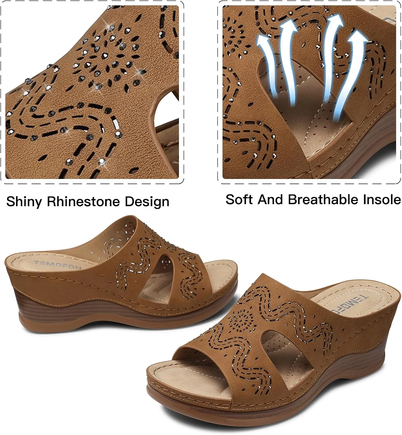 TEMOFON Women Wedge Sandals Summer: Comfortable Walking, Rubber Sole, Soft Leather, Dressy Casual Slip on Sandal Shoes Size 5-11
