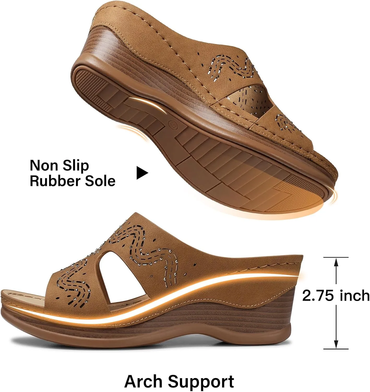 TEMOFON Women Wedge Sandals Summer: Comfortable Walking, Rubber Sole, Soft Leather, Dressy Casual Slip on Sandal Shoes Size 5-11