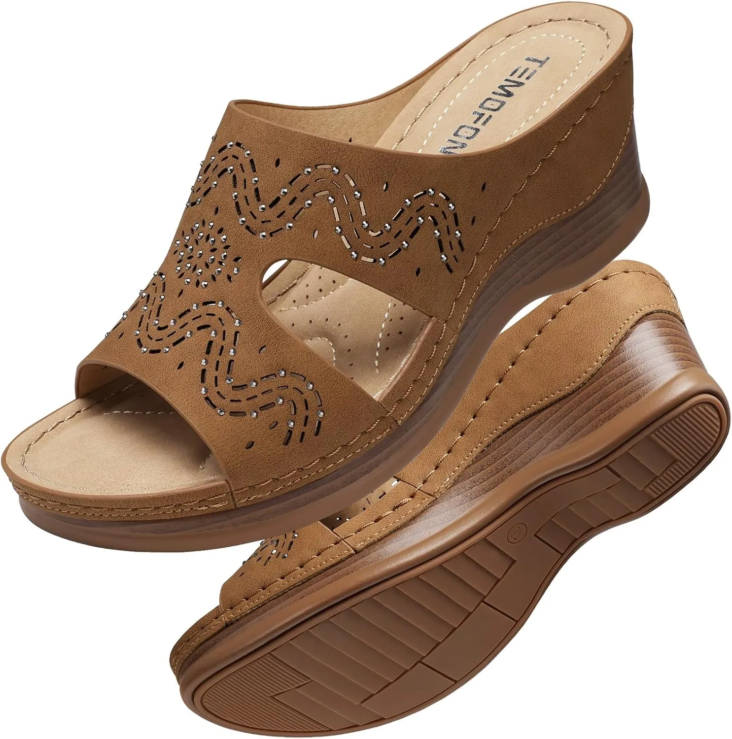 TEMOFON Women Wedge Sandals Summer: Comfortable Walking, Rubber Sole, Soft Leather, Dressy Casual Slip on Sandal Shoes Size 5-11