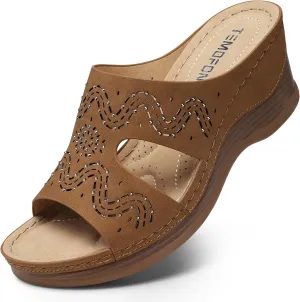 TEMOFON Women Wedge Sandals Summer: Comfortable Walking, Rubber Sole, Soft Leather, Dressy Casual Slip on Sandal Shoes Size 5-11