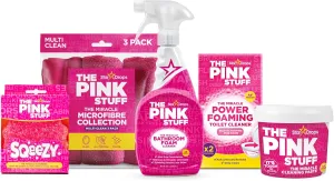 The Pink Stuff Bathroom Cleaning Kit – Cleaning Paste, Bathroom Foam Spray, Toilet Foaming Powder, SQeeZY Sponge & 3 Microfiber Cloths – Tough on Stains, Grease & Soap Scum – Deep Clean Essentials