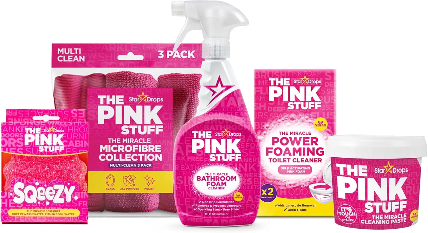 The Pink Stuff Bathroom Cleaning Kit – Cleaning Paste, Bathroom Foam Spray, Toilet Foaming Powder, SQeeZY Sponge & 3 Microfiber Cloths – Tough on Stains, Grease & Soap Scum – Deep Clean Essentials