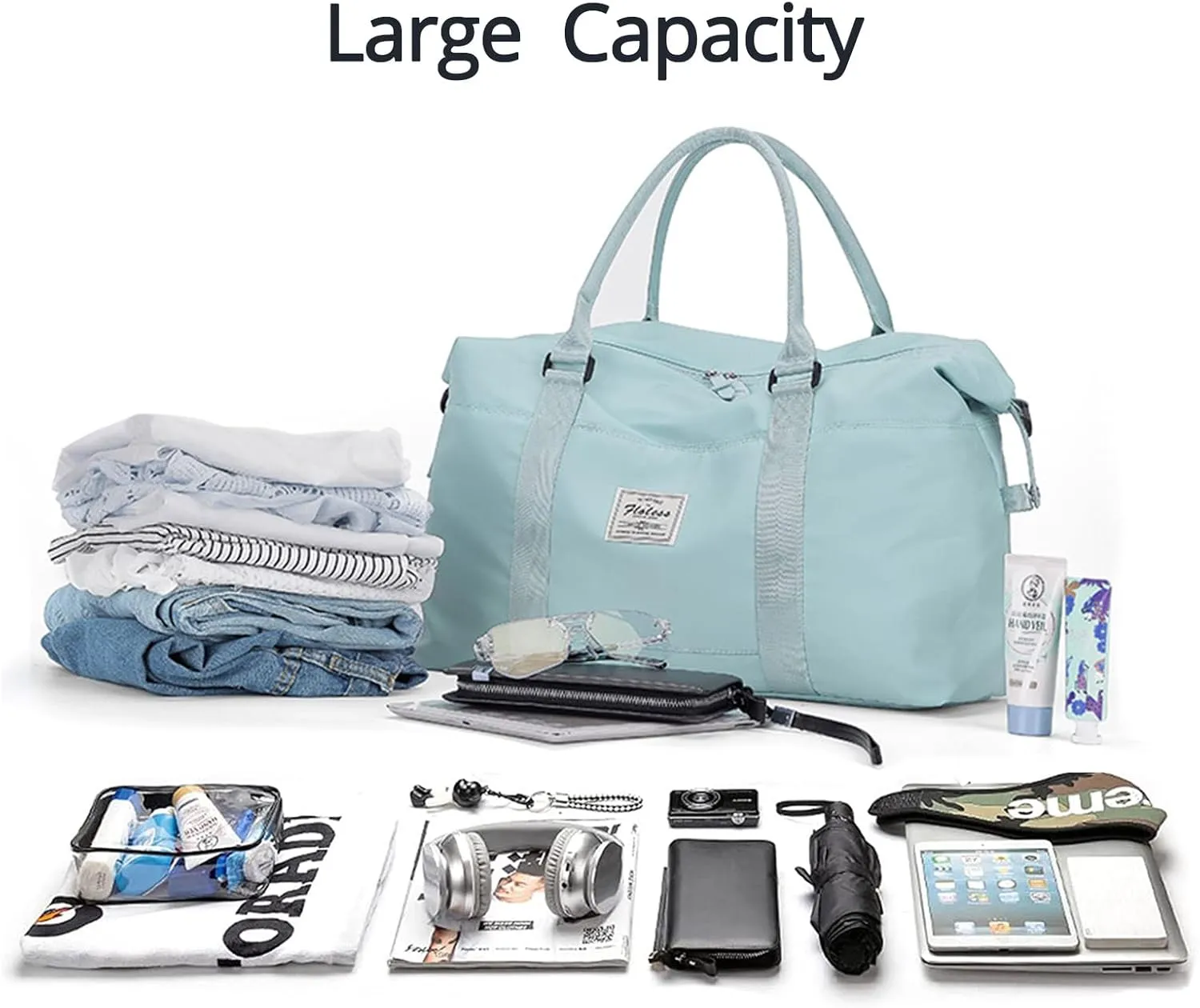 Travel Gym Bag for Women, LANBX Tote Bag Carry on Luggage Sport Duffle Weekender Overnight Bags with Wet Pocket (Light Blue)