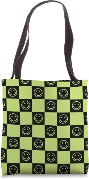 Trendy Lime Green Checkerboard Smiles Pattern Design Black Tote Bag