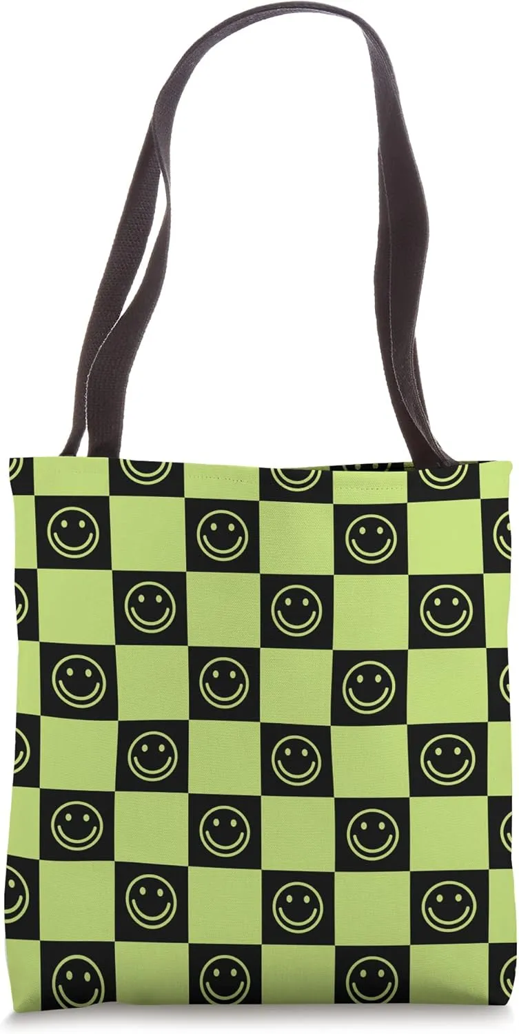 Trendy Lime Green Checkerboard Smiles Pattern Design Black Tote Bag