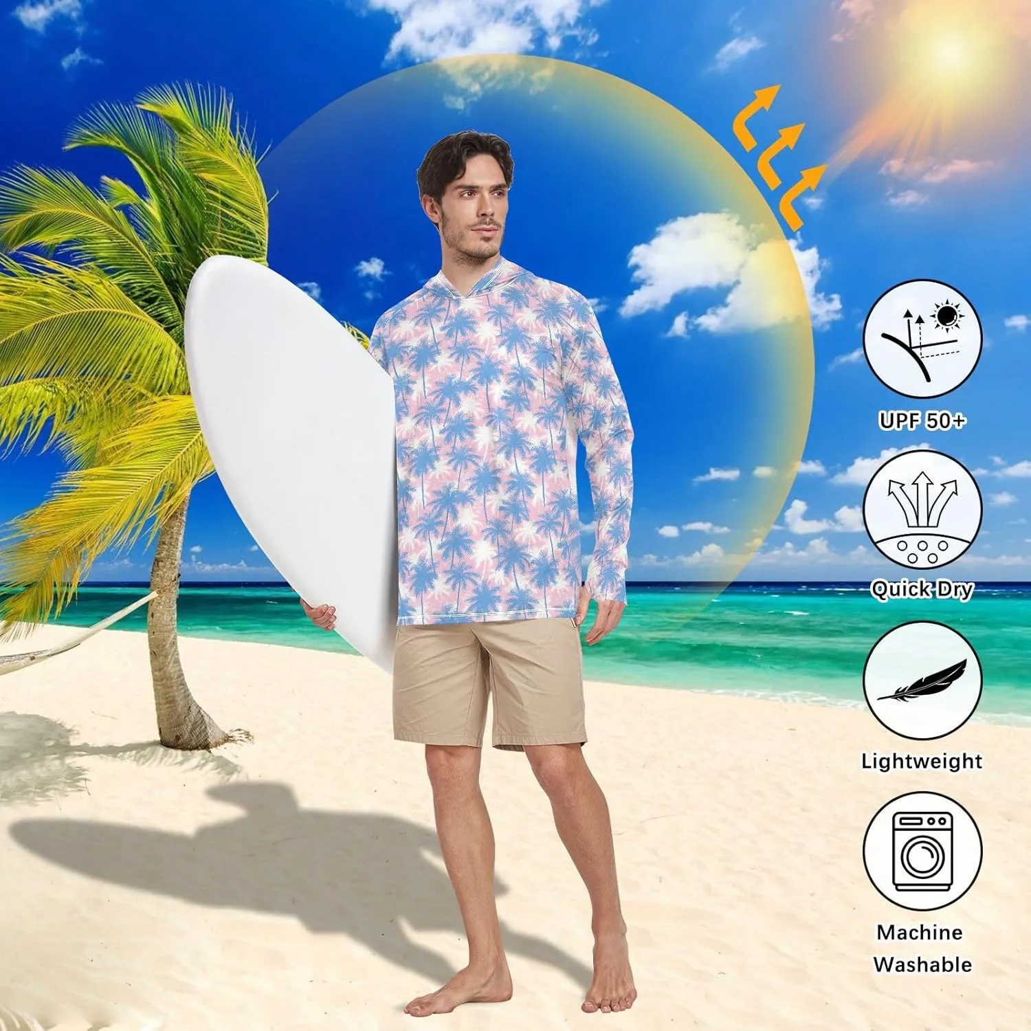 Tropical Palms Men's Sun Protection Hoodie Long Sleeve UPF 50 Mens Sun Shirt Sailing Rash Guard Rash Guard Shirts for Men