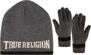 True Religion Beanie Hat and Gloves Set, Faux Sherpa Lined Cuff Winter Knit Cap with Jacquard Logo and Fleece Lined Mittens