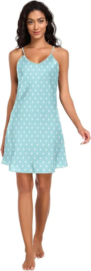 Turquoise Blue Polka Dots Satin Slip Dress, Adjustable Spaghetti Strap V Neck Soft Lounge Slip Dress, S