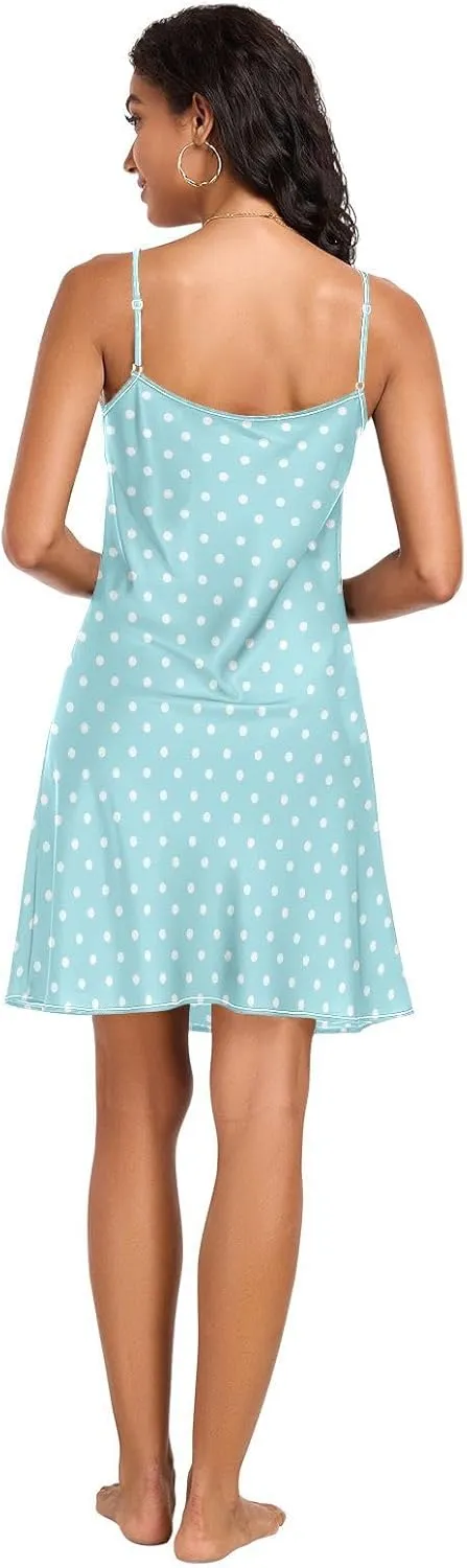 Turquoise Blue Polka Dots Satin Slip Dress, Adjustable Spaghetti Strap V Neck Soft Lounge Slip Dress, S