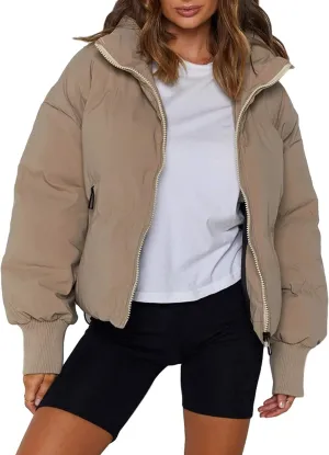 UANEO Puffer Jacket Womens Oversized Cropped Puffy Quilted Winter Jackets Coat
