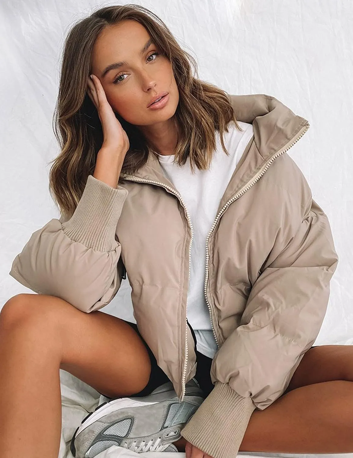 UANEO Puffer Jacket Womens Oversized Cropped Puffy Quilted Winter Jackets Coat
