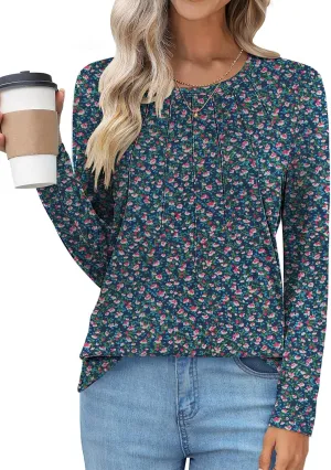 UEU Womens Long Sleeve Tops Crew Neck Casual Pleated Shirts Fashion Dressy Tunic Blouses 2025 Trendy Fall Clothes