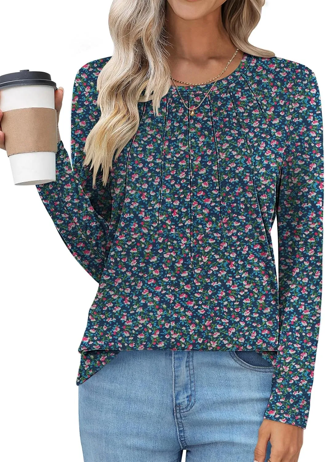 UEU Womens Long Sleeve Tops Crew Neck Casual Pleated Shirts Fashion Dressy Tunic Blouses 2025 Trendy Fall Clothes