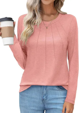 UEU Womens Long Sleeve Tops Crew Neck Casual Pleated Shirts Fashion Dressy Tunic Blouses 2025 Trendy Fall Clothes