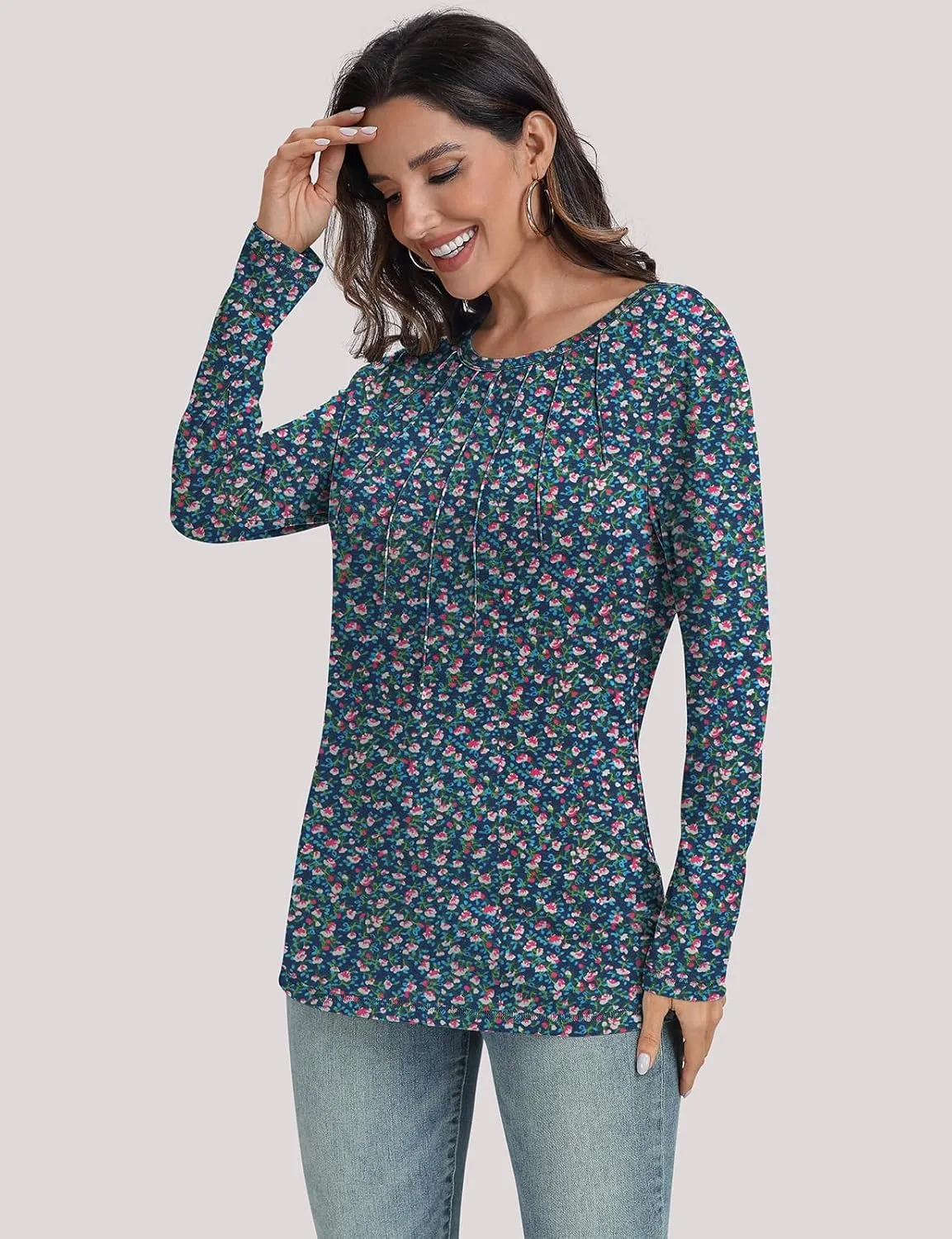 UEU Womens Long Sleeve Tops Crew Neck Casual Pleated Shirts Fashion Dressy Tunic Blouses 2025 Trendy Fall Clothes
