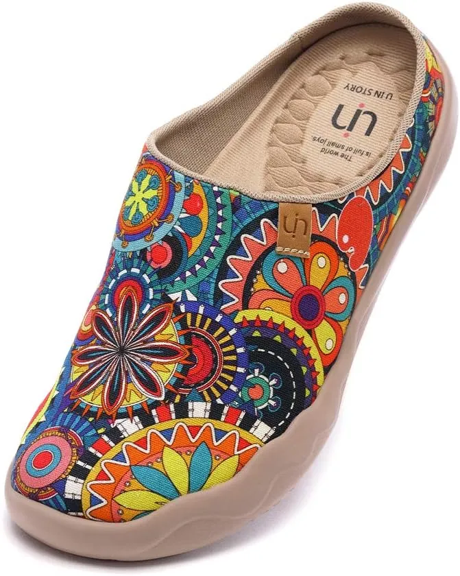 UIN Women's Slip On Mules Comfortable Flat Lightweight Wide Toe Clog Casual Art Painted Travel Shoes Malaga Series