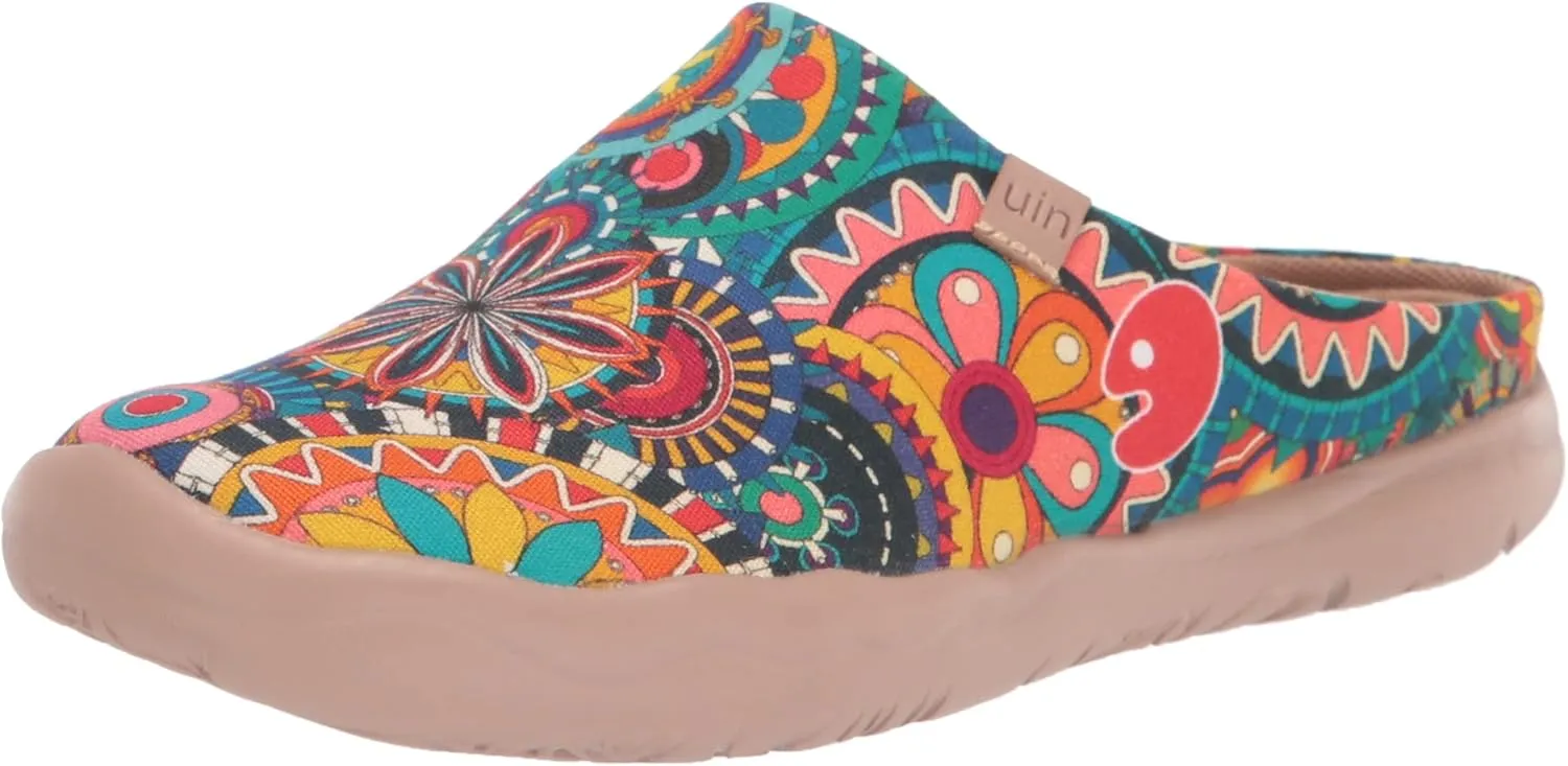 UIN Women's Slip On Mules Comfortable Flat Lightweight Wide Toe Clog Casual Art Painted Travel Shoes Malaga Series