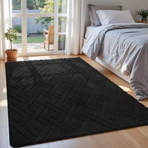 Ultra Soft Black Area Rug for Bedroom, 3x5 Modern Geometric Shag Rugs with Nonslip Backing for Living Room, Washable Fuzzy Carpet for Cozy Kids Room Nursery