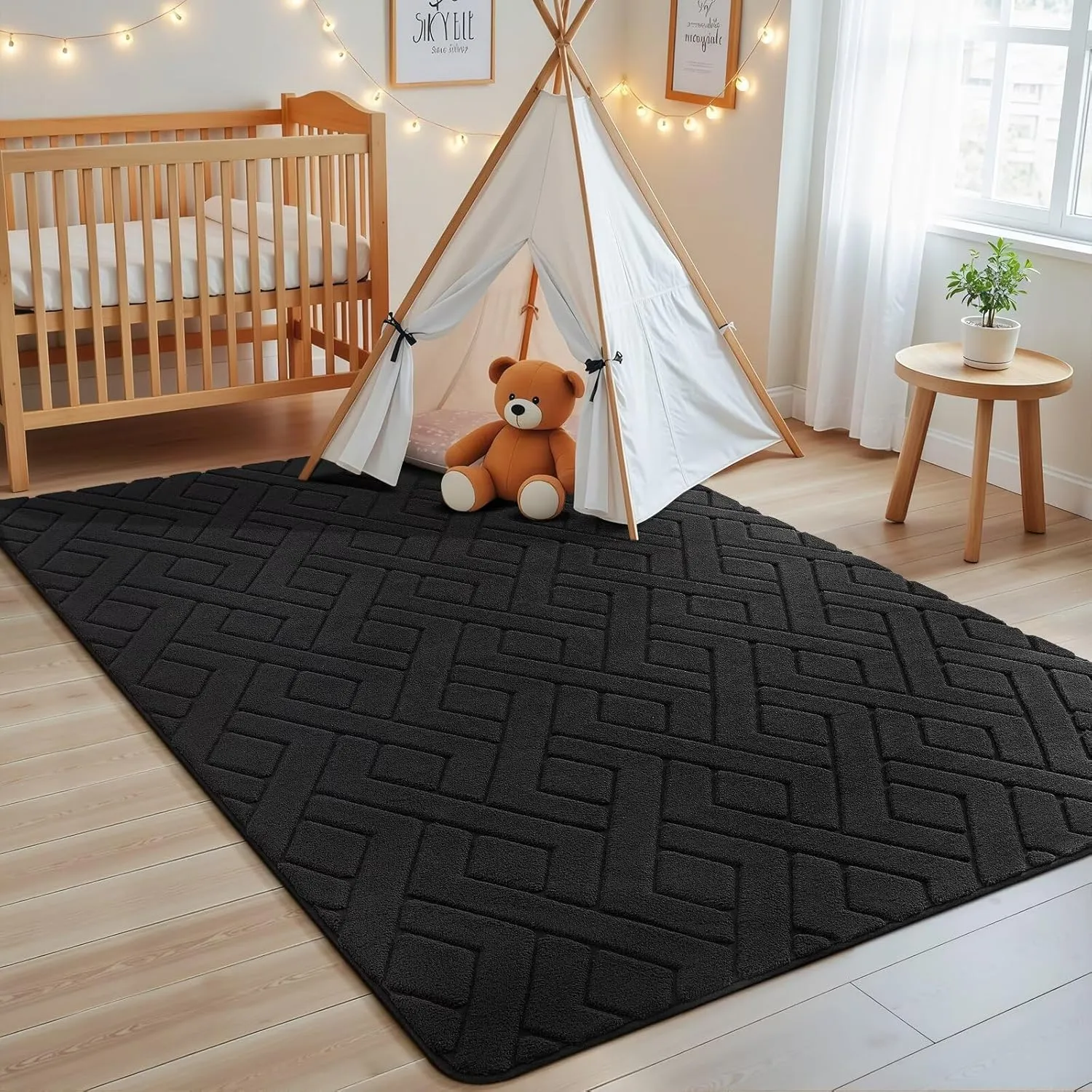Ultra Soft Black Area Rug for Bedroom, 3x5 Modern Geometric Shag Rugs with Nonslip Backing for Living Room, Washable Fuzzy Carpet for Cozy Kids Room Nursery