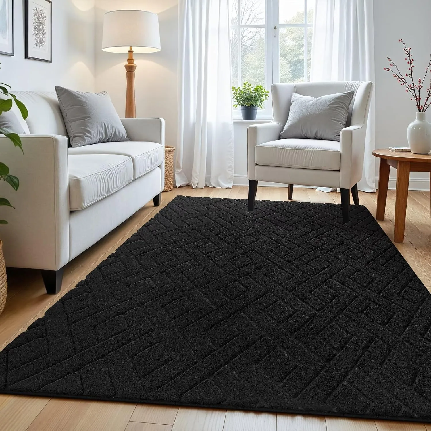 Ultra Soft Black Area Rug for Bedroom, 3x5 Modern Geometric Shag Rugs with Nonslip Backing for Living Room, Washable Fuzzy Carpet for Cozy Kids Room Nursery