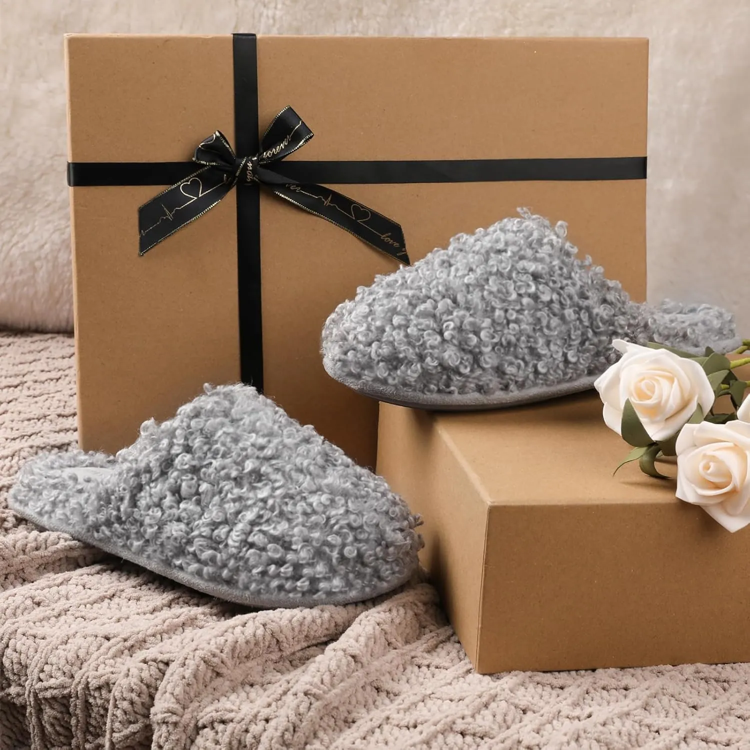 ULTRAIDEAS Women's Fuzzy Slip-on Slippers, Cozy Indoor House Shoes with Memory Foam