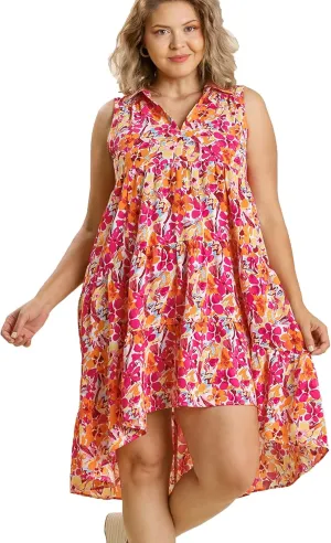 Umgee Womens Floral Print Sleeveless Tiered Midi Dress with High Low Hem