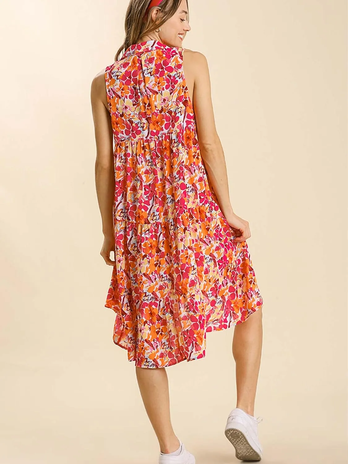 Umgee Womens Floral Print Sleeveless Tiered Midi Dress with High Low Hem