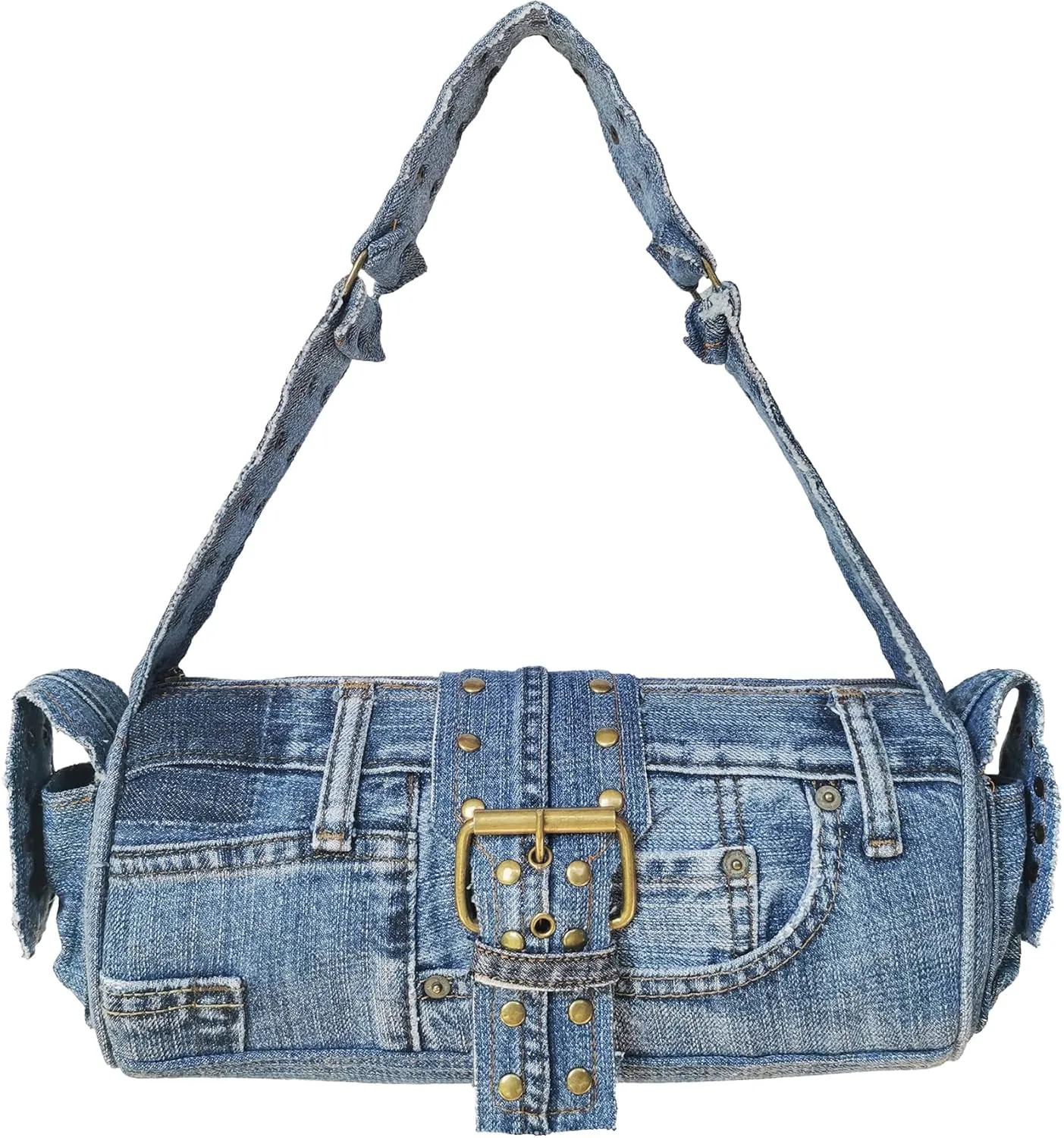 Upcycling Blue Denim Jeans Punk Brass Rivet Studded Buckle Belt Decorative Barrel Shoulder Handle Handbag Purse