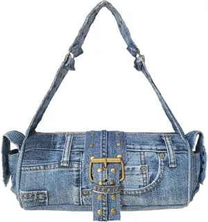 Upcycling Blue Denim Jeans Punk Brass Rivet Studded Buckle Belt Decorative Barrel Shoulder Handle Handbag Purse