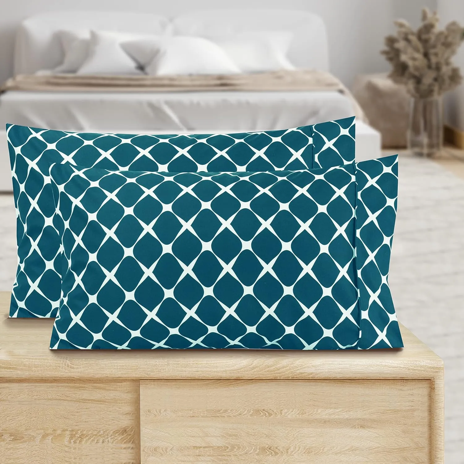 Valerian Bloomingdale Pattern Pillowcase 1500 Thread Count 2-Piece Set Super Soft, Easy Slip-On and Wrinkle Resistant, Bloomingdale Queen Pillowcase, Turquoise