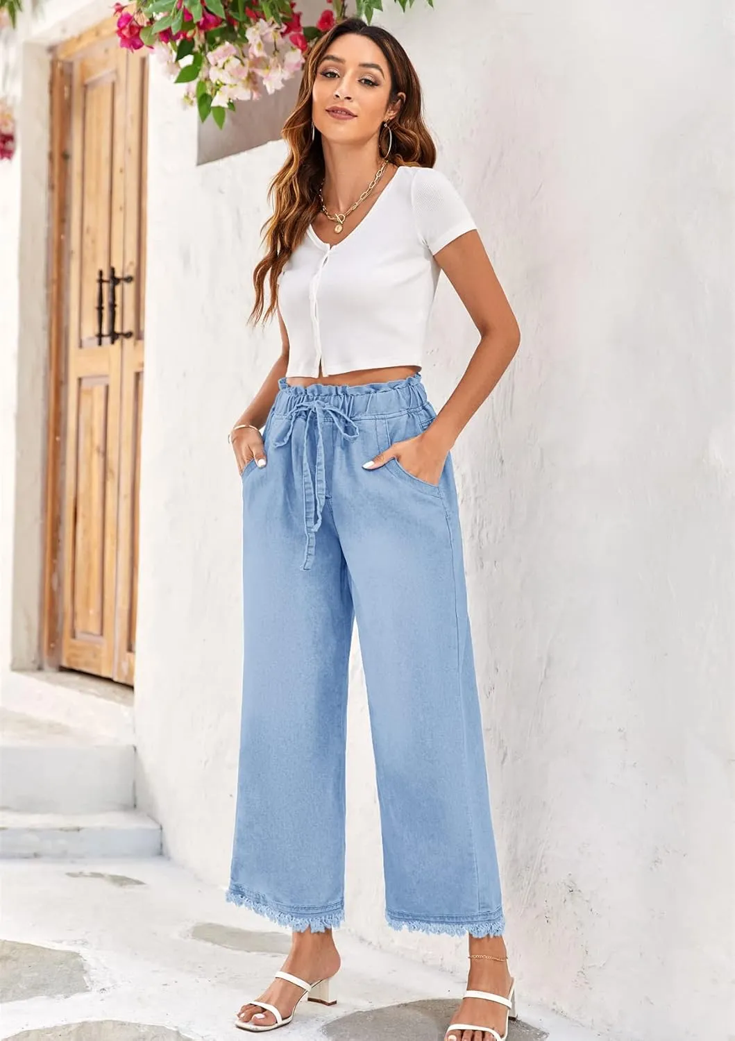 Valphsio Women's Baggy Wide Leg Jeans Tie Waist Chambray Culottes Tassel Pants Crop Length