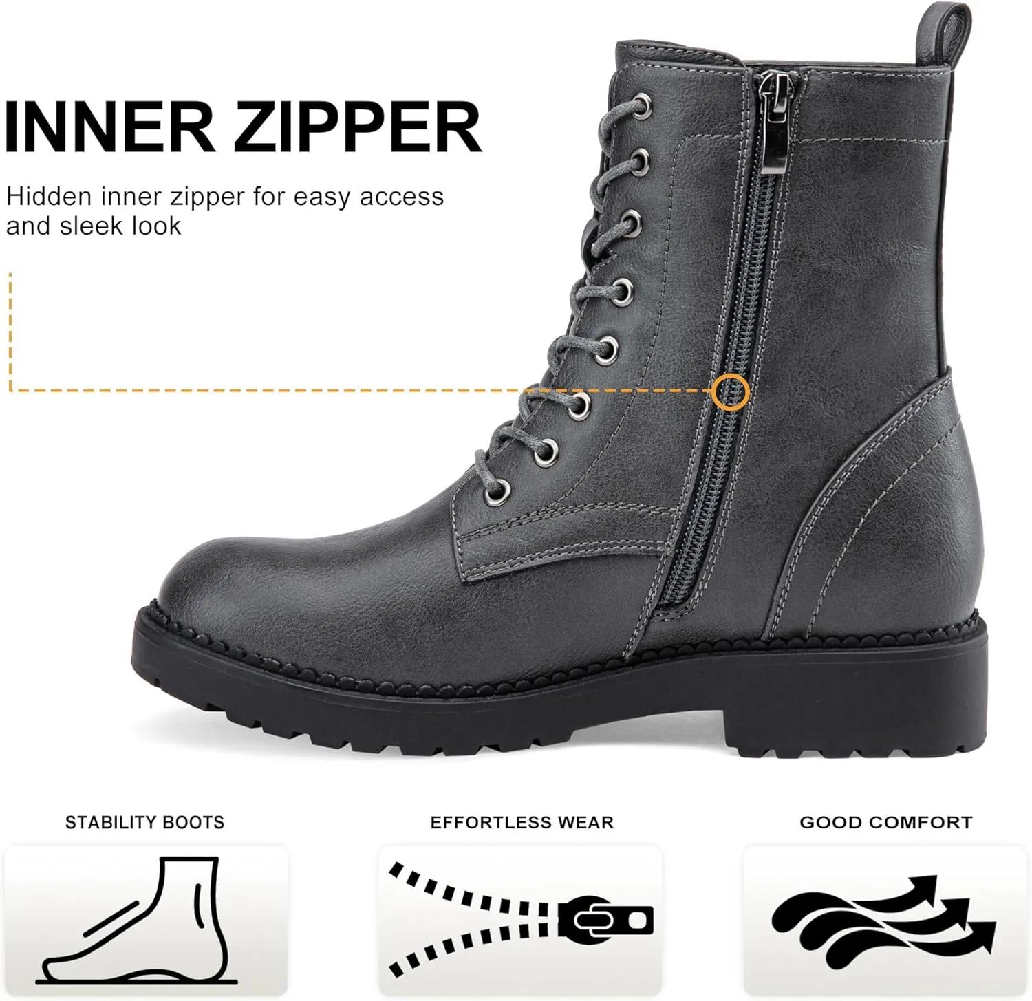 Vepose Women's Combat Ankle Black Flat Boots, Military Fashion 925 Booties Inner Zipper