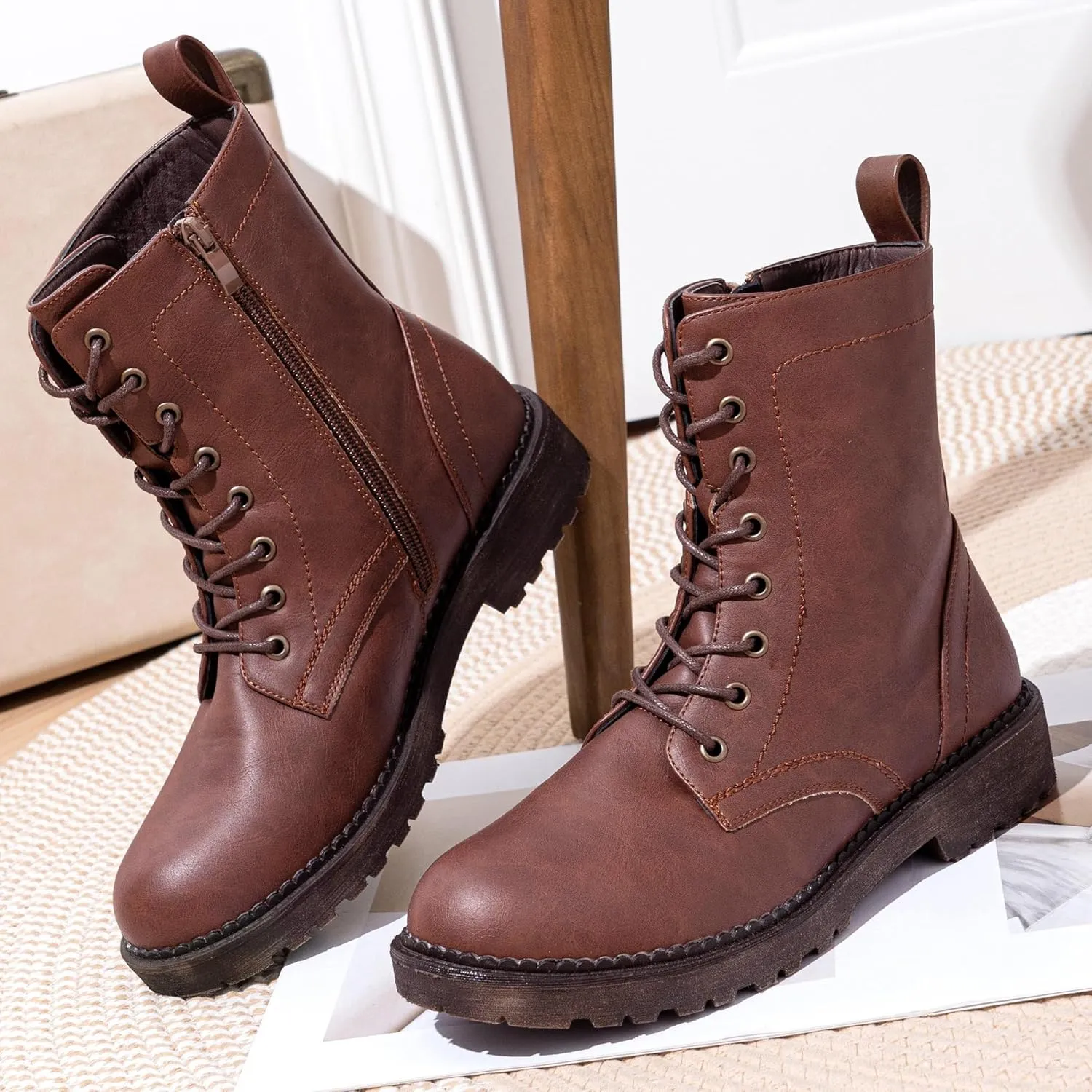 Vepose Women's Combat Ankle Black Flat Boots, Military Fashion 925 Booties Inner Zipper