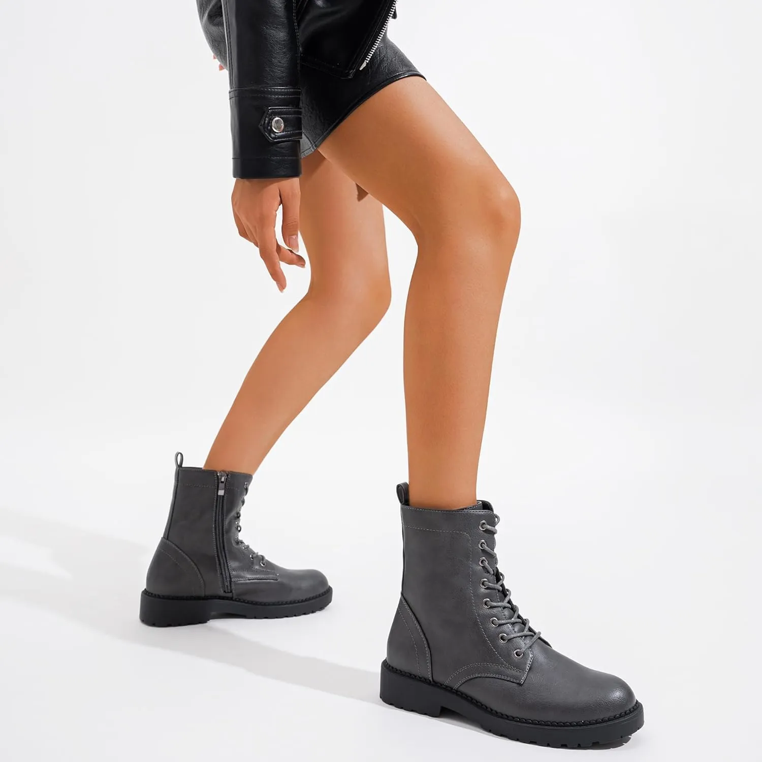 Vepose Women's Combat Ankle Black Flat Boots, Military Fashion 925 Booties Inner Zipper
