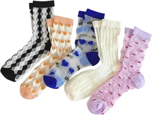 Verdusa Women's 5 Pairs Sheer Socks Mesh Crew Socks Transparent See Through Tulle Socks