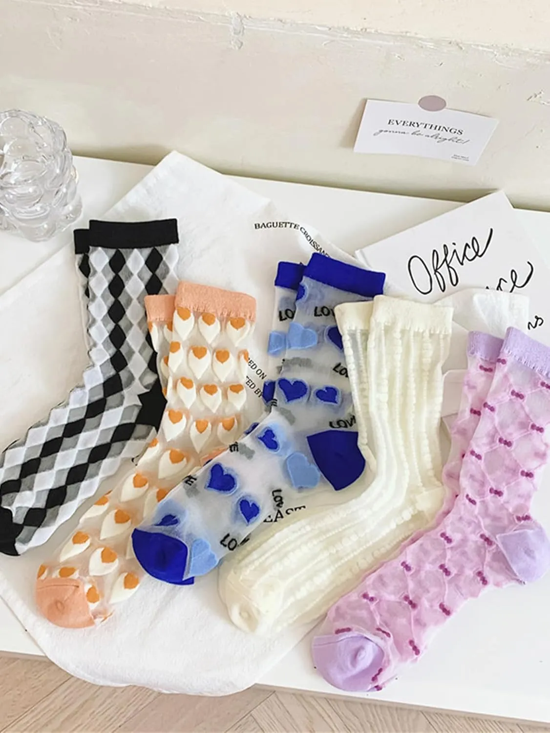 Verdusa Women's 5 Pairs Sheer Socks Mesh Crew Socks Transparent See Through Tulle Socks