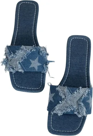Verdusa Women's Denim Flat Sandals Raw Trim Square Toe Jean Slides