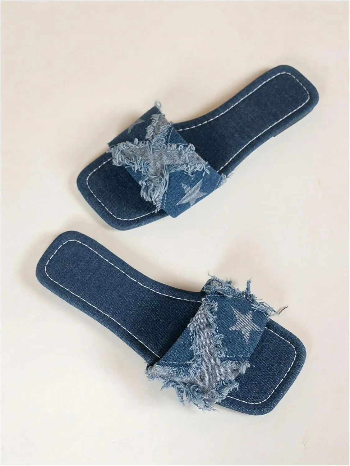 Verdusa Women's Denim Flat Sandals Raw Trim Square Toe Jean Slides
