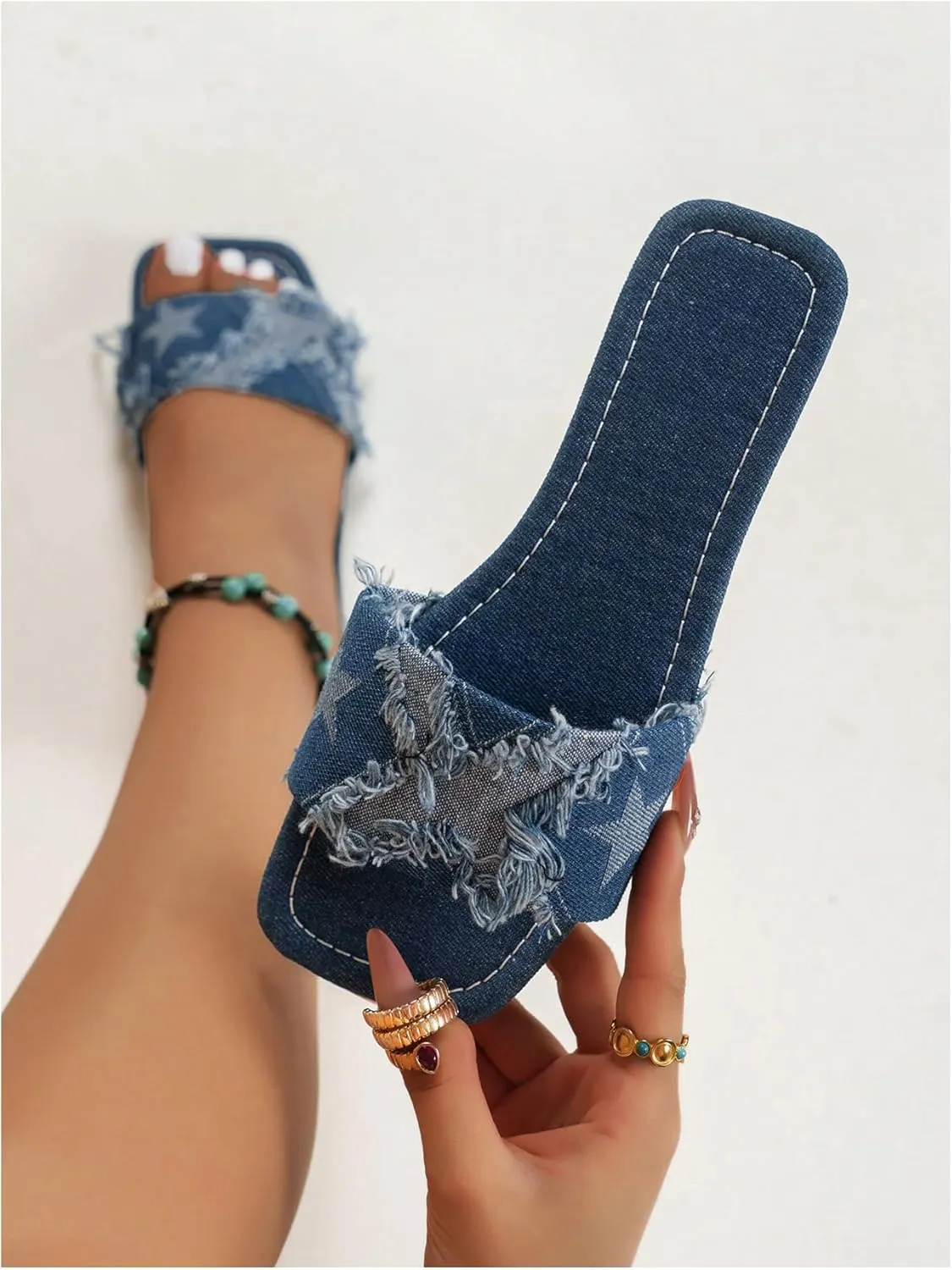 Verdusa Women's Denim Flat Sandals Raw Trim Square Toe Jean Slides