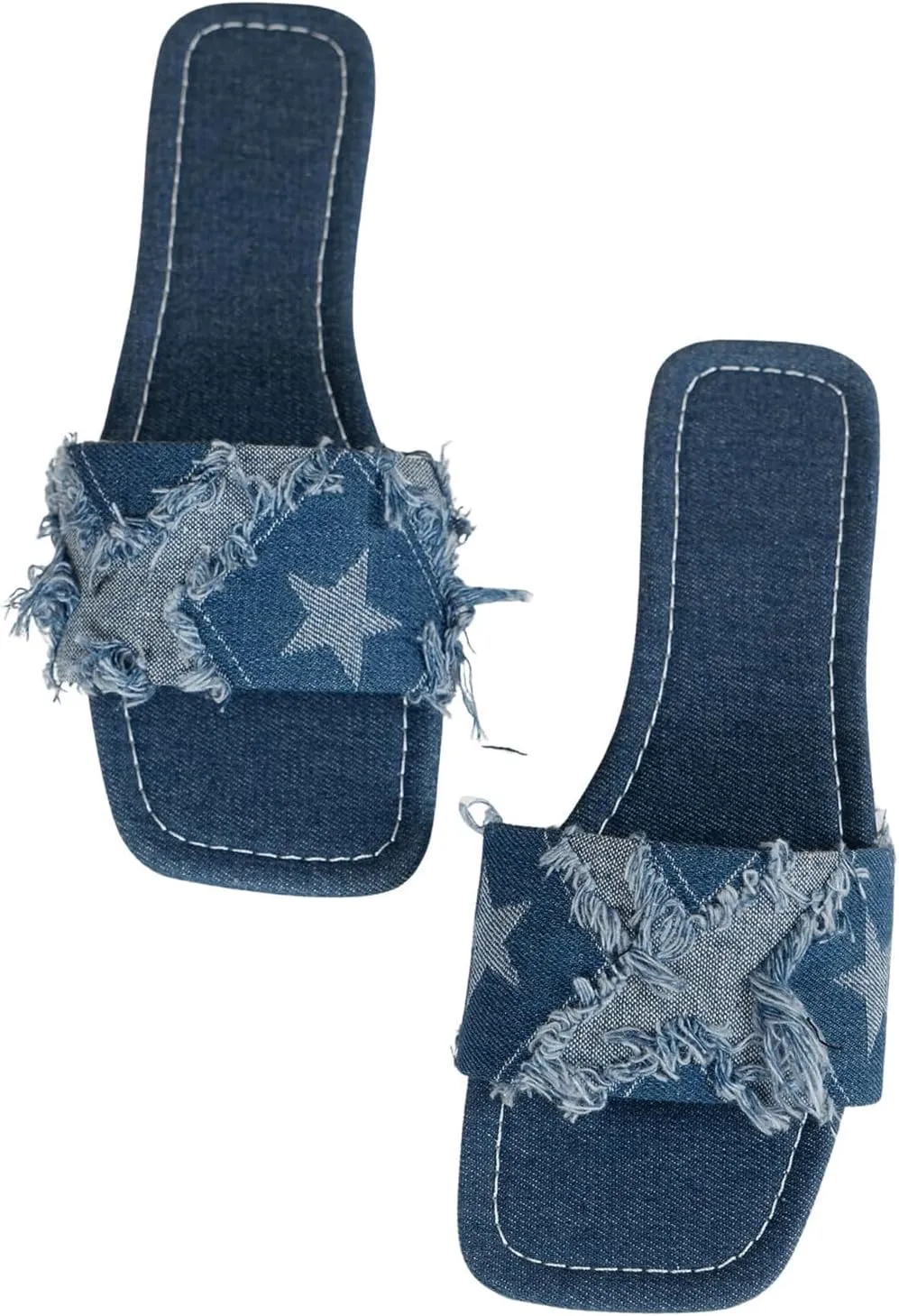 Verdusa Women's Denim Flat Sandals Raw Trim Square Toe Jean Slides