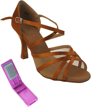 Very Fine Dance Shoes - Ladies Latin, Rhythm, Salsa, Waltz Ballroom Dance Shoes - SERA1605-3-inch Heel and Foldable Brush Bundle - Dark Tan Satin - Flesh Mesh - 8