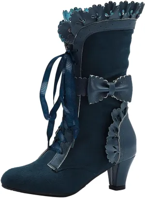 Vintage Chunky Heel Dress Mid Calf Short Booties for Womens Sweet Bow Boots Mid Heels Lace Up Victorian Boots Kawaii Boot