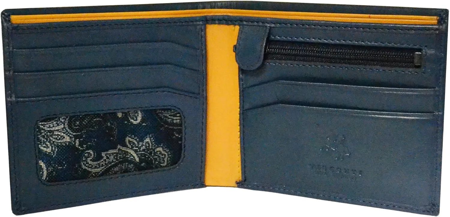 Visconti Parma PM-101 Mens Classic Bi-fold Coin Zipper Wallet (Blue/Mustard)