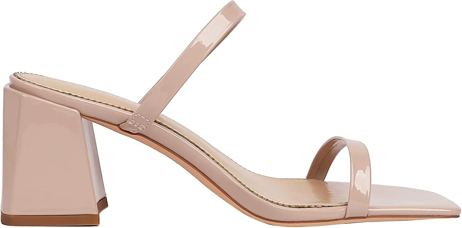 vivianly Women's Low Block Heels Sandal Square Open Toe Chunky High Heels Slip on Heeled Sandals Mules Slide for Party Wedding Dress Shoes