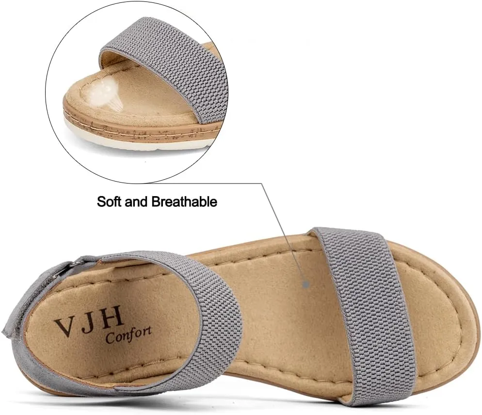 VJH confort Women’s Flat Sandals Open Toe Elastic Ankle Strap Slip on Comfy Low Wedge Sandals
