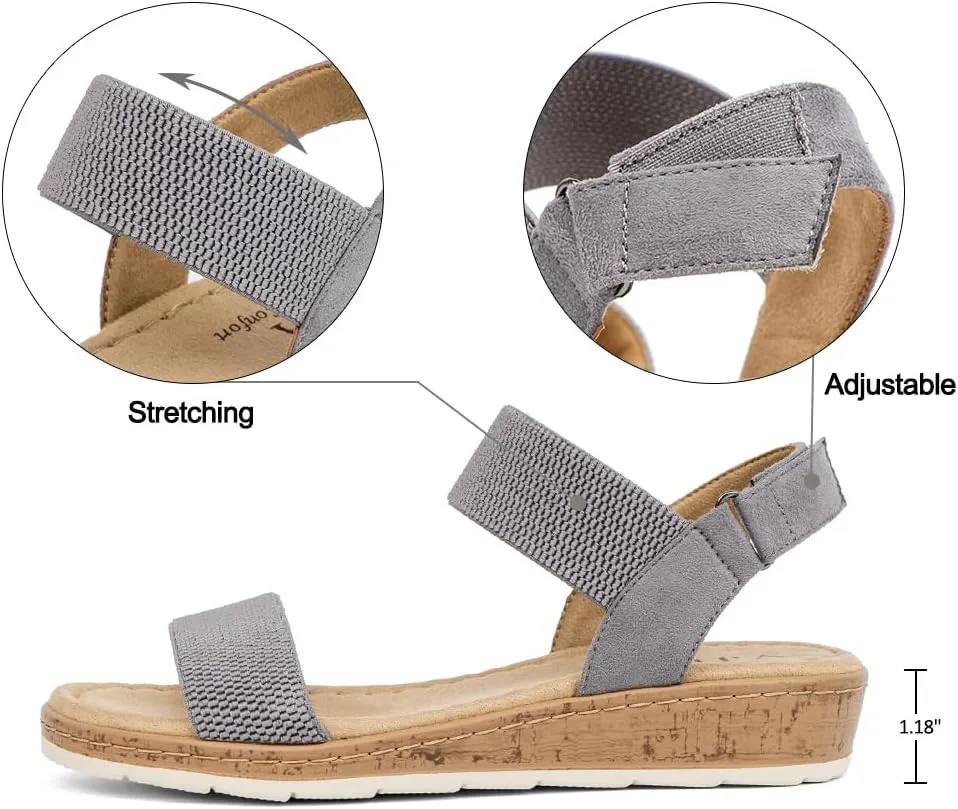 VJH confort Women’s Flat Sandals Open Toe Elastic Ankle Strap Slip on Comfy Low Wedge Sandals