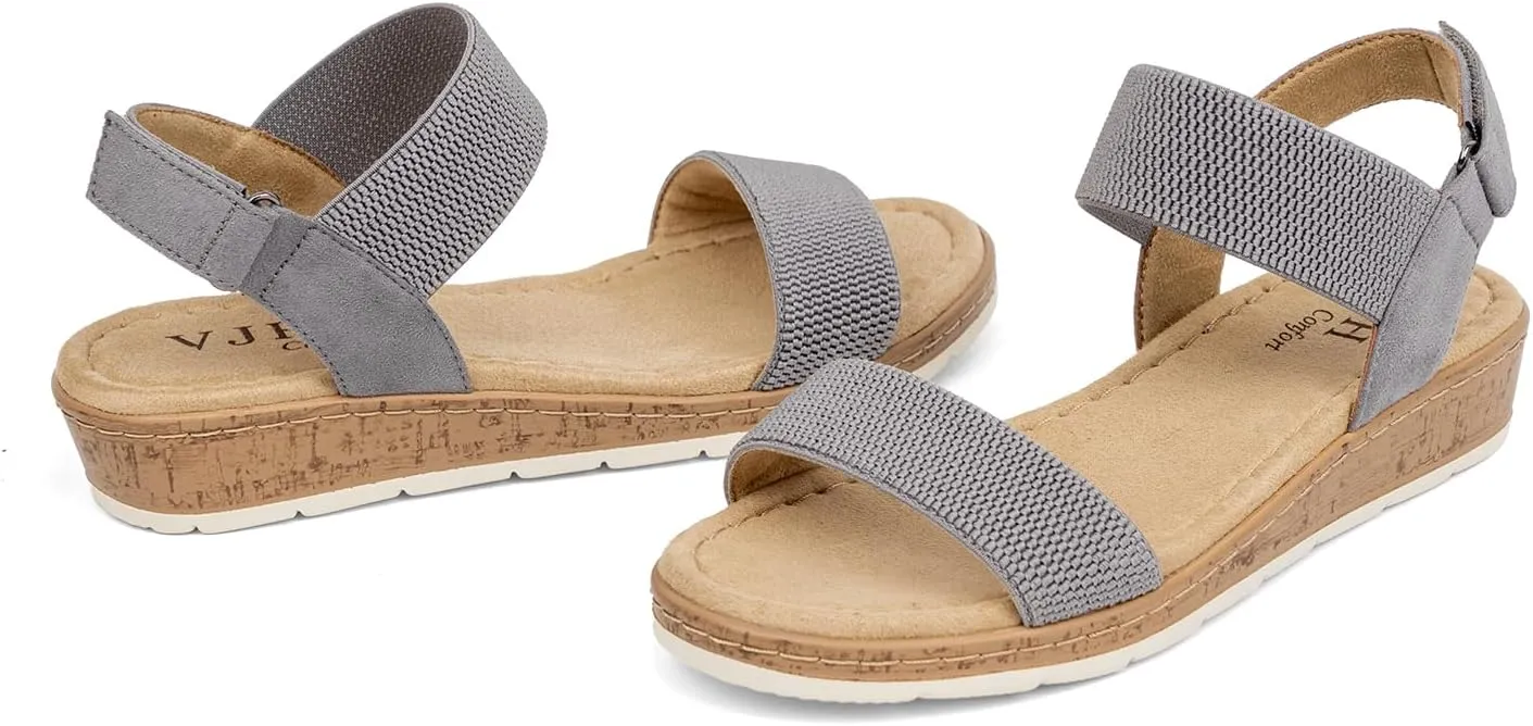 VJH confort Women’s Flat Sandals Open Toe Elastic Ankle Strap Slip on Comfy Low Wedge Sandals